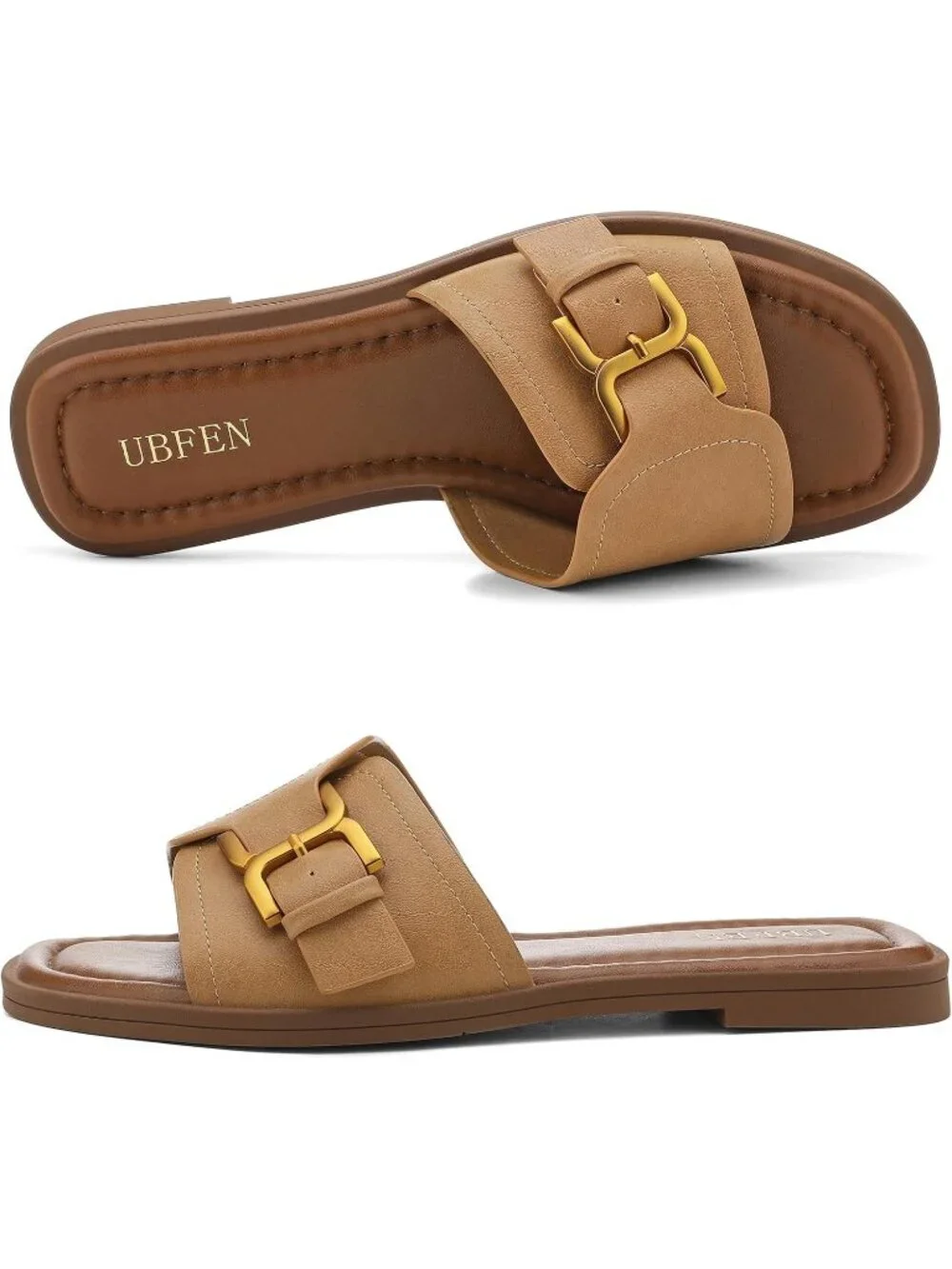 Women's Light Brown Square Toe Flat Sandals Slides Dressy Comfortable for Casual